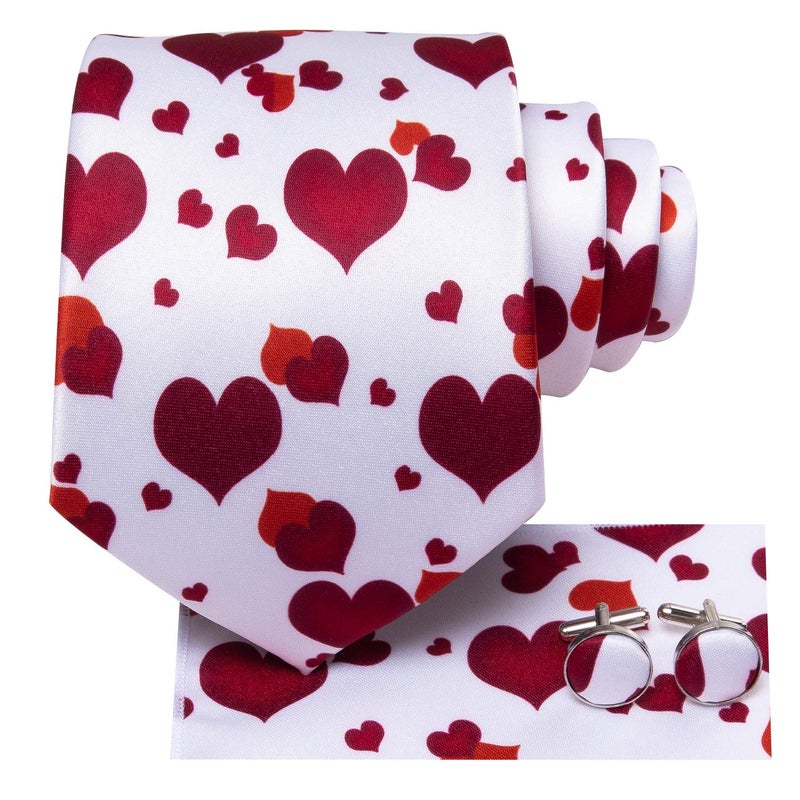 Hi-Tie ربطات عنق هاي-تاي حمراء على شكل قلب للرجال من الحرير لمناسبة عيد الحب مع منديل جيب وأزرار أكمام مجموعة لمهرجان العطلات - Image 2